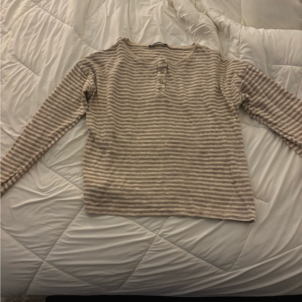 Zara Beige and Light Gray Striped Long Sleeve Top